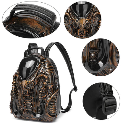 Unique 3D Alien Design Backpack - Street Punk Style, Unisex with Adjustable Straps, Zipper Closure, Black & Golden Accents, Perfect for Daily Commute, Ideal Gift for Sci - Fi and Punk Enthusiasts - SS69