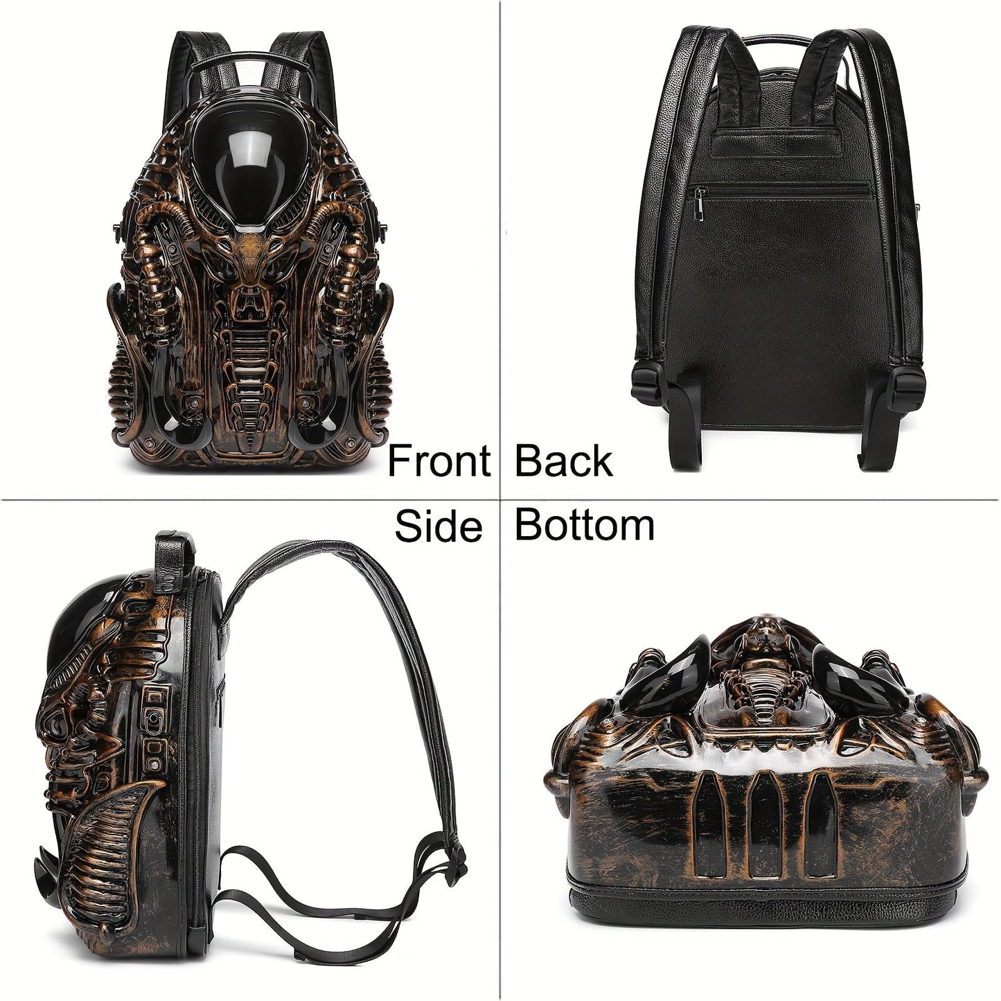 Unique 3D Alien Design Backpack - Street Punk Style, Unisex with Adjustable Straps, Zipper Closure, Black & Golden Accents, Perfect for Daily Commute, Ideal Gift for Sci - Fi and Punk Enthusiasts - SS69