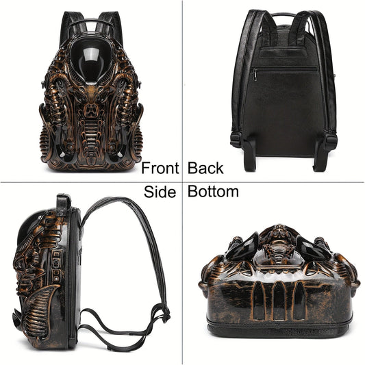 Unique 3D Alien Design Backpack - Street Punk Style, Unisex with Adjustable Straps, Zipper Closure, Black & Golden Accents, Perfect for Daily Commute, Ideal Gift for Sci - Fi and Punk Enthusiasts - SS69