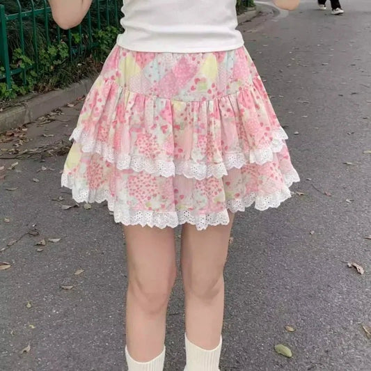 Women Floral Mini Skirt Kawaii Summer 2025 Ruffles Japanese Y2k Cute Girls Sweet Cake Pomp Skirt Layered Short Skirts faldas - SS69