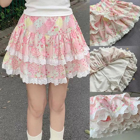 Women Floral Mini Skirt Kawaii Summer 2025 Ruffles Japanese Y2k Cute Girls Sweet Cake Pomp Skirt Layered Short Skirts faldas - SS69