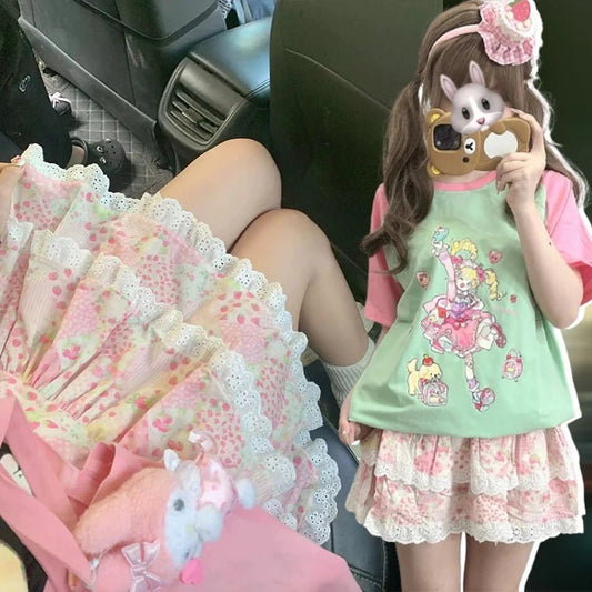 Women Floral Mini Skirt Kawaii Summer 2025 Ruffles Japanese Y2k Cute Girls Sweet Cake Pomp Skirt Layered Short Skirts faldas - SS69