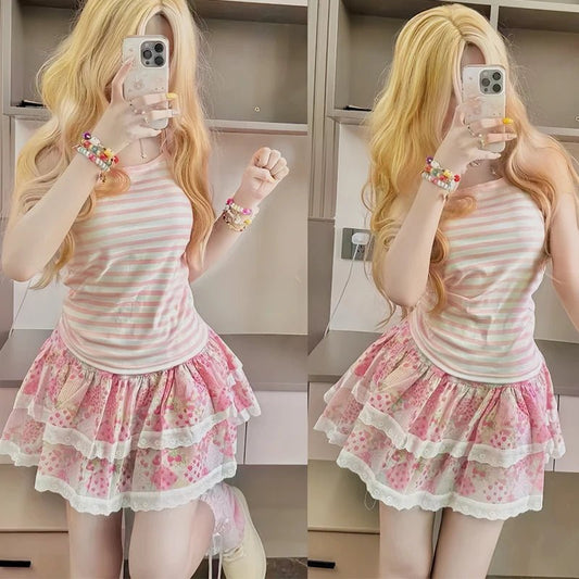 Women Floral Mini Skirt Kawaii Summer 2025 Ruffles Japanese Y2k Cute Girls Sweet Cake Pomp Skirt Layered Short Skirts faldas - SS69