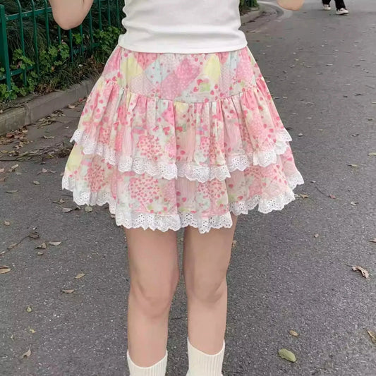 Women Floral Mini Skirt Kawaii Summer 2025 Ruffles Japanese Y2k Cute Girls Sweet Cake Pomp Skirt Layered Short Skirts faldas - SS69