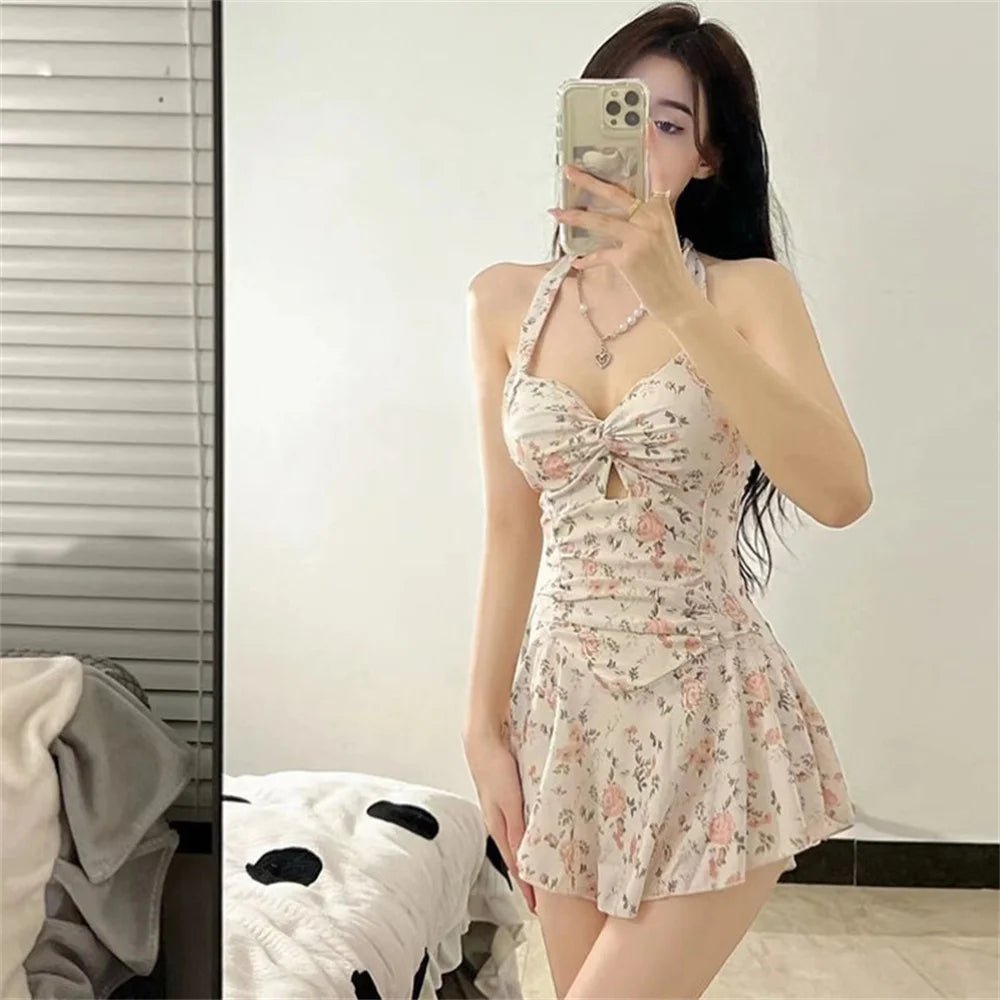 Women Hanging Neck Sweet Cute Swimwear Sexy One - piec Beach Wear Swim Suit Beach Dress Swimsuit High Waist Bathing Suit For Girls - SS69
