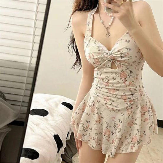 Women Hanging Neck Sweet Cute Swimwear Sexy One - piec Beach Wear Swim Suit Beach Dress Swimsuit High Waist Bathing Suit For Girls - SS69