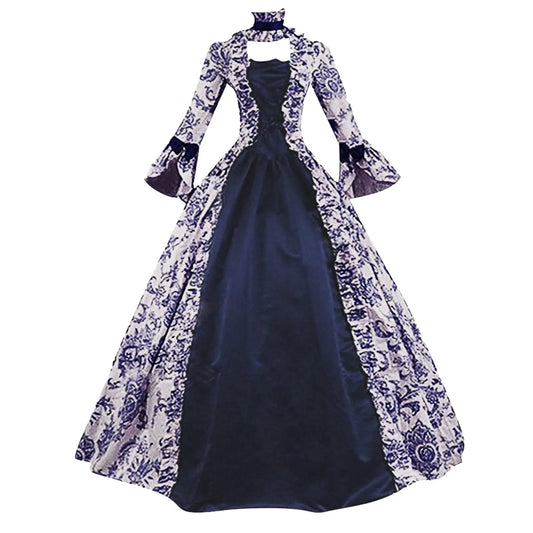 Women Lace - Up Medieval Dress Ruffles Bow Vintage Victorian Carnival Maxi Dress Patchwork Floral Female Fairy Long Dress - SS69