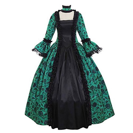 Women Lace - Up Medieval Dress Ruffles Bow Vintage Victorian Carnival Maxi Dress Patchwork Floral Female Fairy Long Dress - SS69