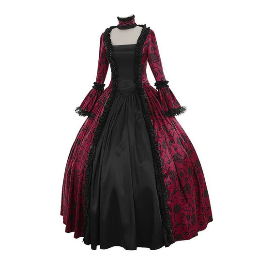 Women Lace - Up Medieval Dress Ruffles Bow Vintage Victorian Carnival Maxi Dress Patchwork Floral Female Fairy Long Dress - SS69