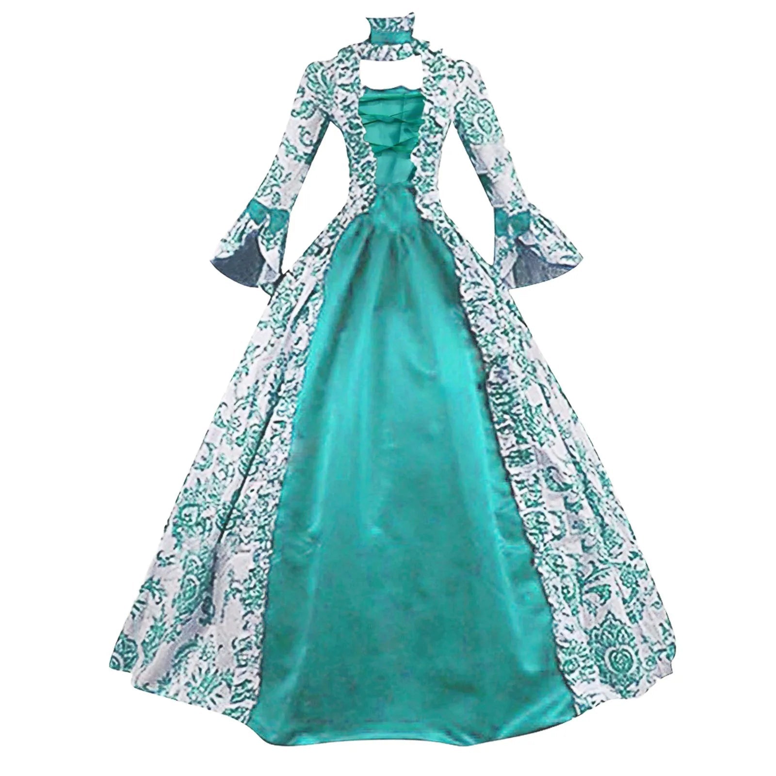 Women Lace - Up Medieval Dress Ruffles Bow Vintage Victorian Carnival Maxi Dress Patchwork Floral Female Fairy Long Dress - SS69