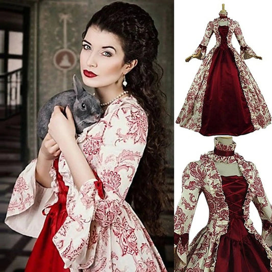 Women Lace - Up Medieval Dress Ruffles Bow Vintage Victorian Carnival Maxi Dress Patchwork Floral Female Fairy Long Dress - SS69
