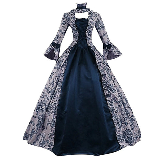 Women Lace - Up Medieval Dress Ruffles Bow Vintage Victorian Carnival Maxi Dress Patchwork Floral Female Fairy Long Dress - SS69