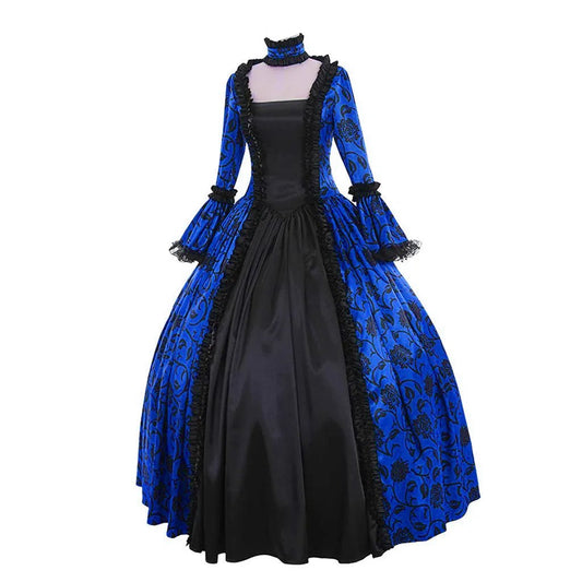Women Lace - Up Medieval Dress Ruffles Bow Vintage Victorian Carnival Maxi Dress Patchwork Floral Female Fairy Long Dress - SS69