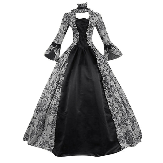 Women Lace - Up Medieval Dress Ruffles Bow Vintage Victorian Carnival Maxi Dress Patchwork Floral Female Fairy Long Dress - SS69