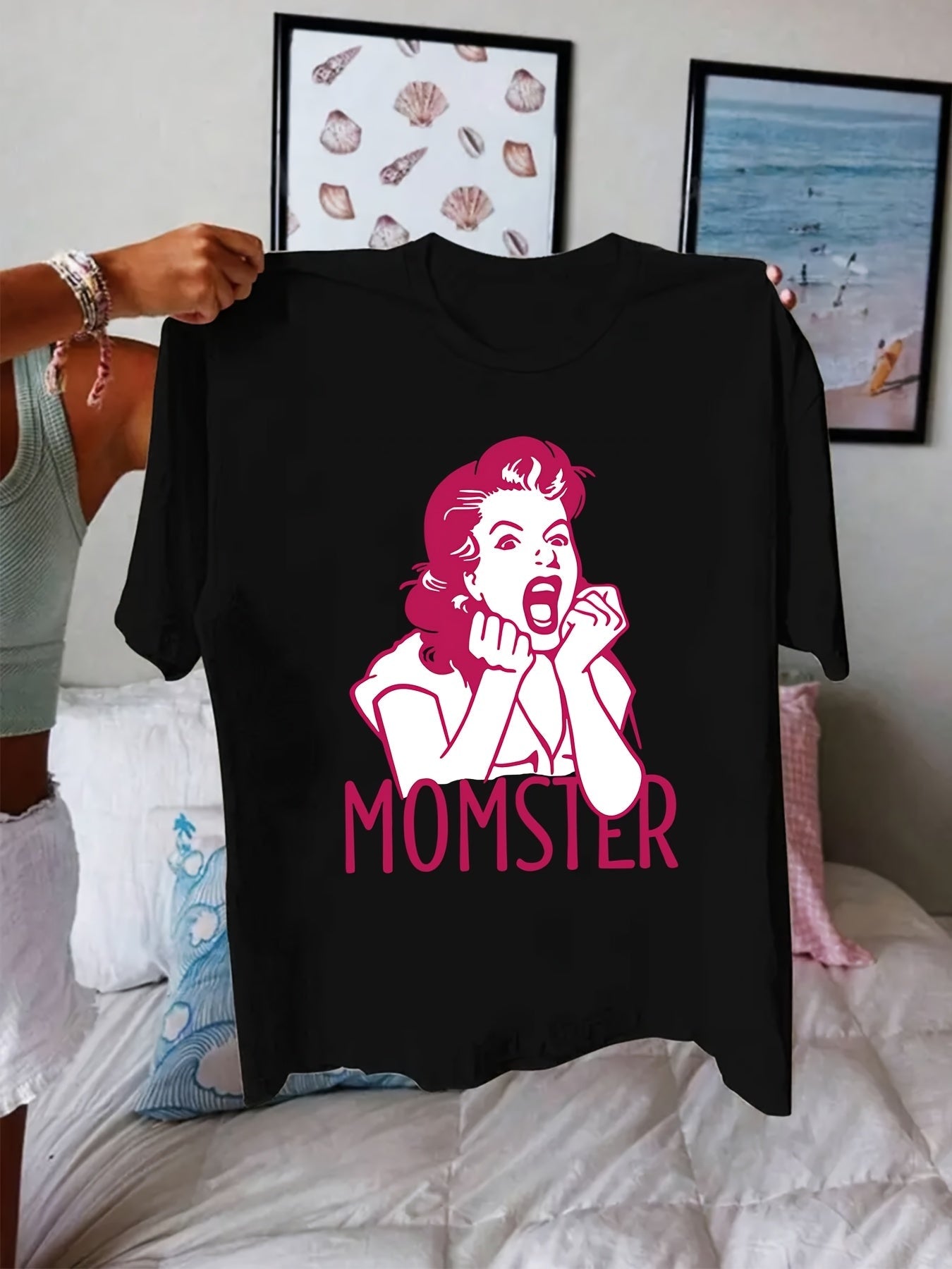Women's Casual "Momster" Graphic T-Shirt - Short Sleeve, Black with Pink Print, Spring/Summer Fashion Top, Machine Washable, Round Neck, Geometric Design - SS69
