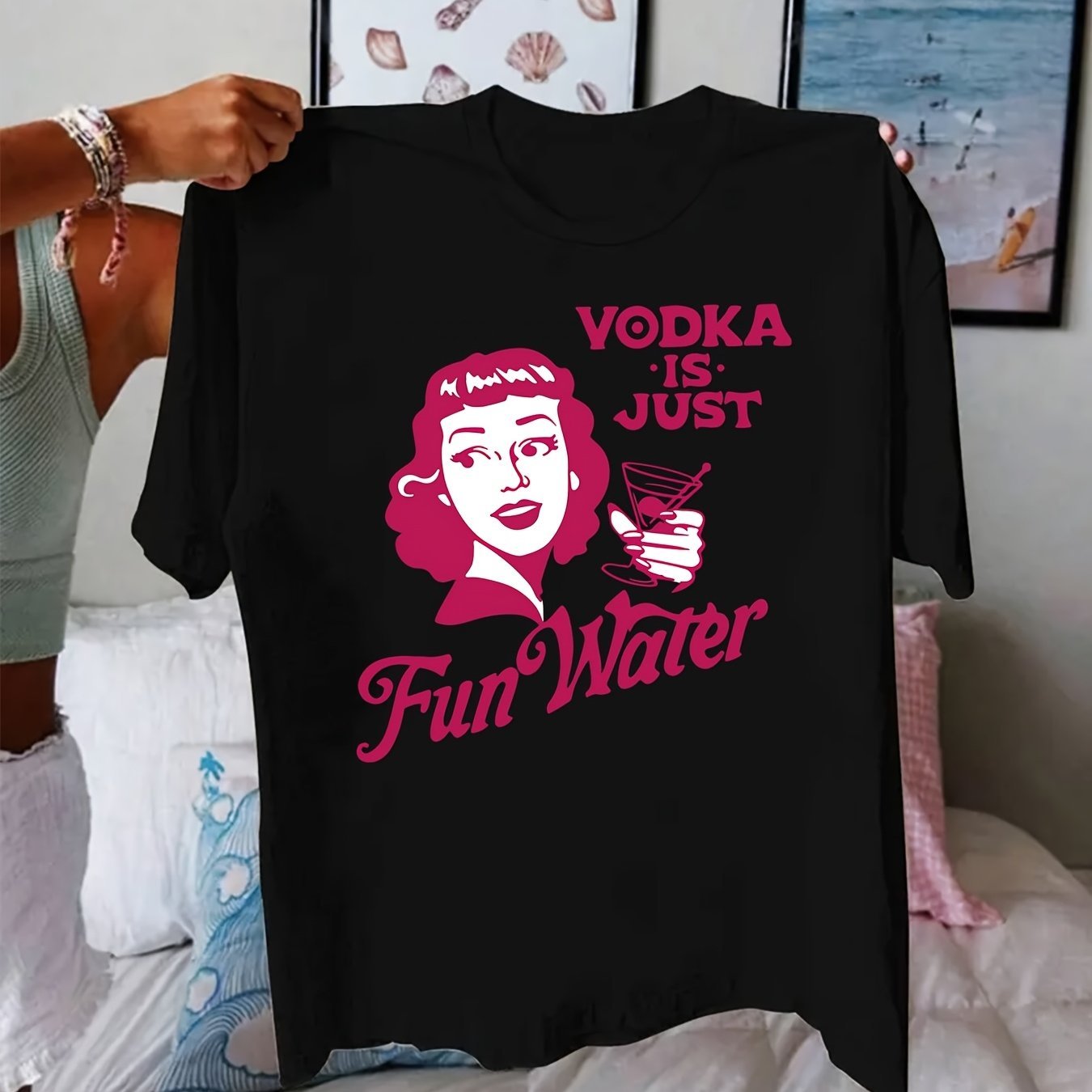 Women's Casual "Momster" Graphic T-Shirt - Short Sleeve, Black with Pink Print, Spring/Summer Fashion Top, Machine Washable, Round Neck, Geometric Design - SS69