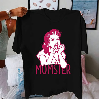 Women's Casual "Momster" Graphic T-Shirt - Short Sleeve, Black with Pink Print, Spring/Summer Fashion Top, Machine Washable, Round Neck, Geometric Design - SS69