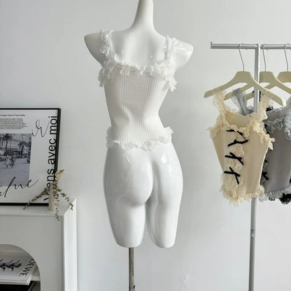 Women's Lace Patchwork White Crop Top 90s Aesthetic Fashion Bow Vest Off Shoulder Sleeveless Y2k Vintage Tank Tops 2000s Clothes - SS69