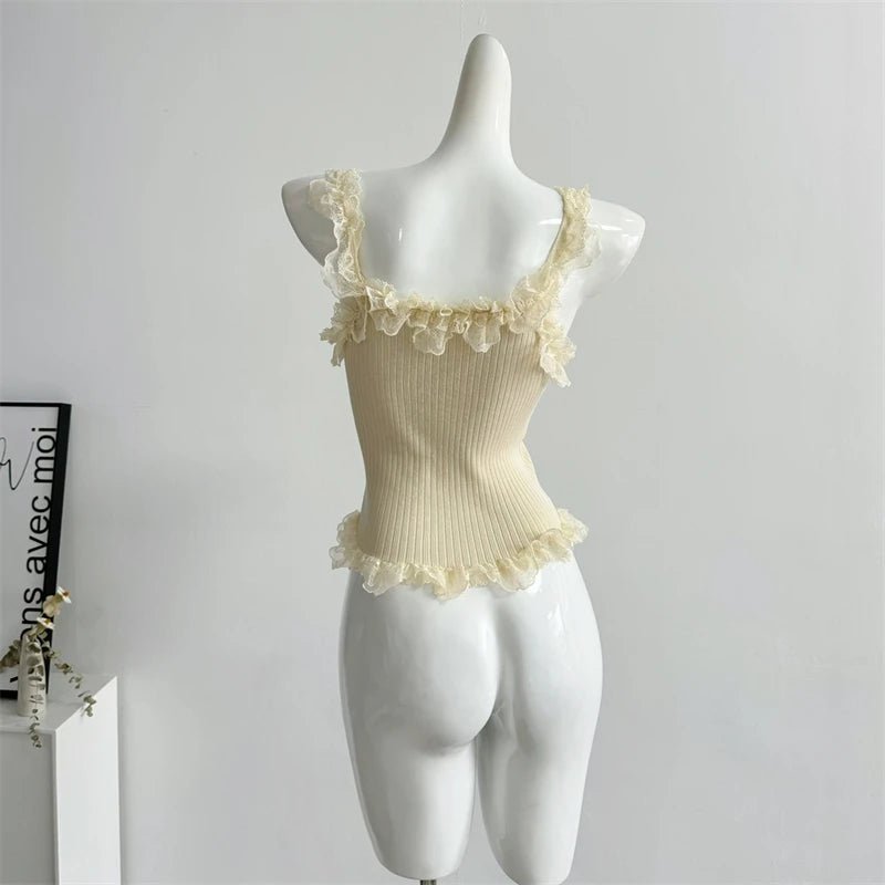 Women's Lace Patchwork White Crop Top 90s Aesthetic Fashion Bow Vest Off Shoulder Sleeveless Y2k Vintage Tank Tops 2000s Clothes - SS69