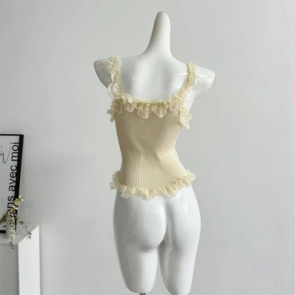 Women's Lace Patchwork White Crop Top 90s Aesthetic Fashion Bow Vest Off Shoulder Sleeveless Y2k Vintage Tank Tops 2000s Clothes - SS69