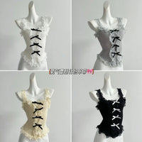 Women's Lace Patchwork White Crop Top 90s Aesthetic Fashion Bow Vest Off Shoulder Sleeveless Y2k Vintage Tank Tops 2000s Clothes - SS69