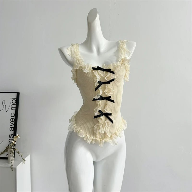 Women's Lace Patchwork White Crop Top 90s Aesthetic Fashion Bow Vest Off Shoulder Sleeveless Y2k Vintage Tank Tops 2000s Clothes - SS69