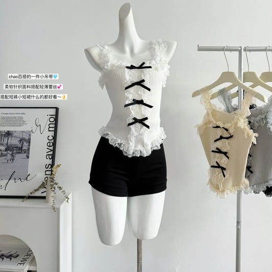 Women's Lace Patchwork White Crop Top 90s Aesthetic Fashion Bow Vest Off Shoulder Sleeveless Y2k Vintage Tank Tops 2000s Clothes - SS69