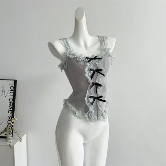 Women's Lace Patchwork White Crop Top 90s Aesthetic Fashion Bow Vest Off Shoulder Sleeveless Y2k Vintage Tank Tops 2000s Clothes - SS69