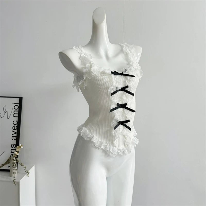 Women's Lace Patchwork White Crop Top 90s Aesthetic Fashion Bow Vest Off Shoulder Sleeveless Y2k Vintage Tank Tops 2000s Clothes - SS69