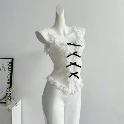 Women's Lace Patchwork White Crop Top 90s Aesthetic Fashion Bow Vest Off Shoulder Sleeveless Y2k Vintage Tank Tops 2000s Clothes - SS69