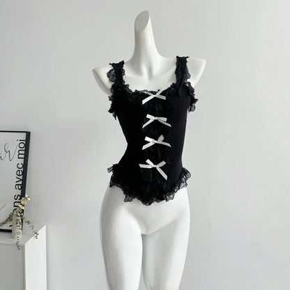 Women's Lace Patchwork White Crop Top 90s Aesthetic Fashion Bow Vest Off Shoulder Sleeveless Y2k Vintage Tank Tops 2000s Clothes - SS69