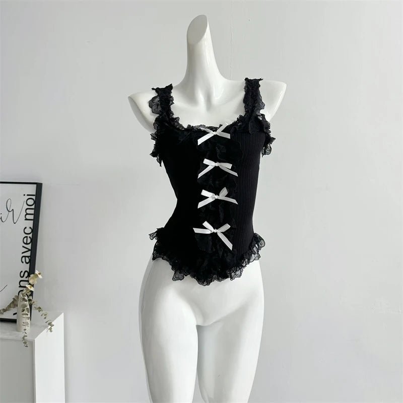 Women's Lace Patchwork White Crop Top 90s Aesthetic Fashion Bow Vest Off Shoulder Sleeveless Y2k Vintage Tank Tops 2000s Clothes - SS69