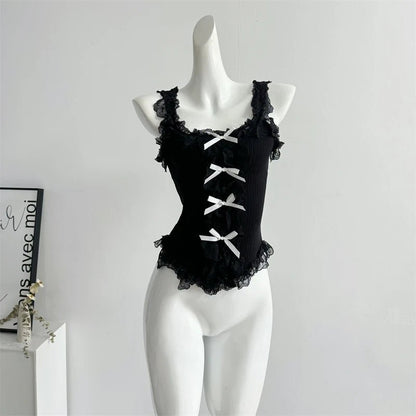 Women's Lace Patchwork White Crop Top 90s Aesthetic Fashion Bow Vest Off Shoulder Sleeveless Y2k Vintage Tank Tops 2000s Clothes - SS69