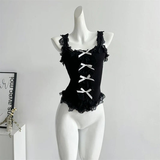 Women's Lace Patchwork White Crop Top 90s Aesthetic Fashion Bow Vest Off Shoulder Sleeveless Y2k Vintage Tank Tops 2000s Clothes - SS69