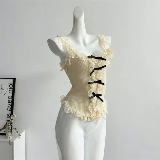Women's Lace Patchwork White Crop Top 90s Aesthetic Fashion Bow Vest Off Shoulder Sleeveless Y2k Vintage Tank Tops 2000s Clothes - SS69