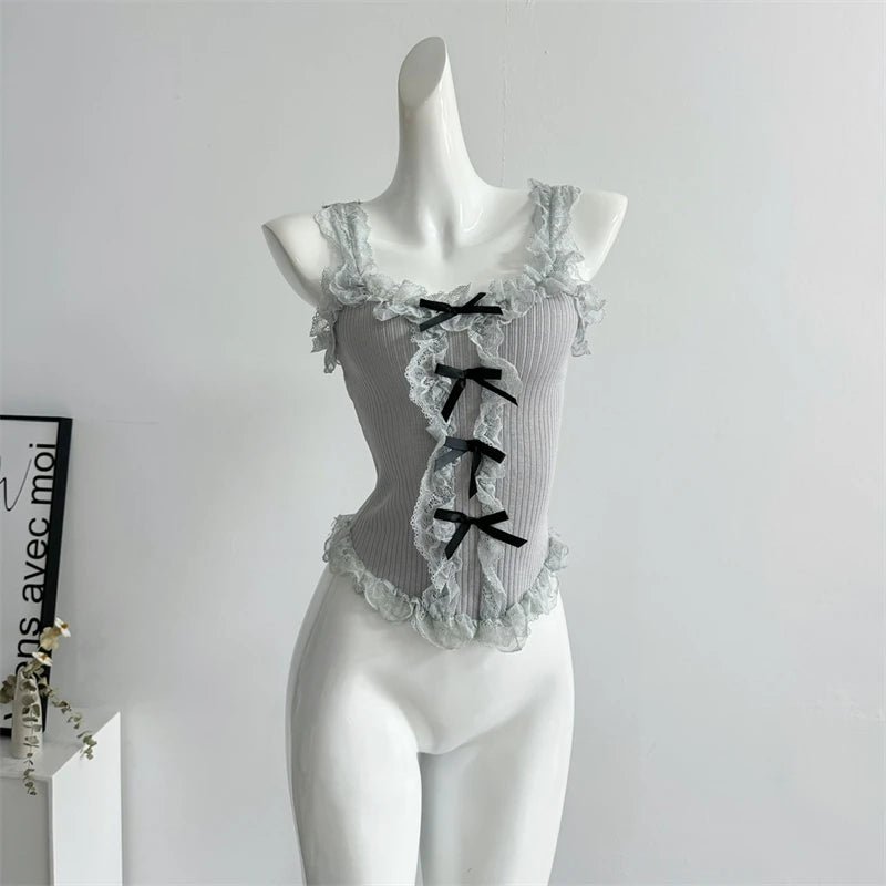 Women's Lace Patchwork White Crop Top 90s Aesthetic Fashion Bow Vest Off Shoulder Sleeveless Y2k Vintage Tank Tops 2000s Clothes - SS69