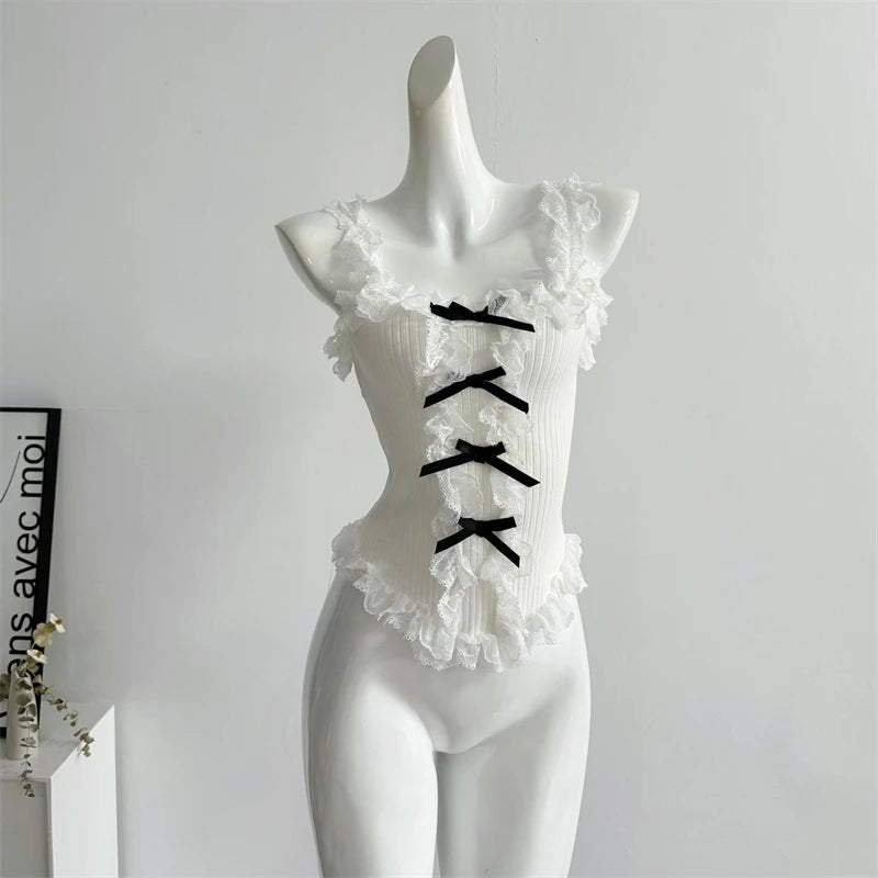 Women's Lace Patchwork White Crop Top 90s Aesthetic Fashion Bow Vest Off Shoulder Sleeveless Y2k Vintage Tank Tops 2000s Clothes - SS69