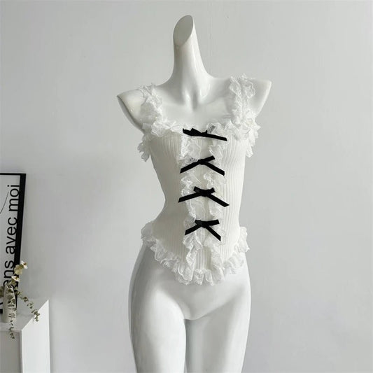 Women's Lace Patchwork White Crop Top 90s Aesthetic Fashion Bow Vest Off Shoulder Sleeveless Y2k Vintage Tank Tops 2000s Clothes - SS69