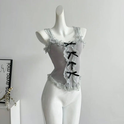 Women's Lace Patchwork White Crop Top 90s Aesthetic Fashion Bow Vest Off Shoulder Sleeveless Y2k Vintage Tank Tops 2000s Clothes - SS69