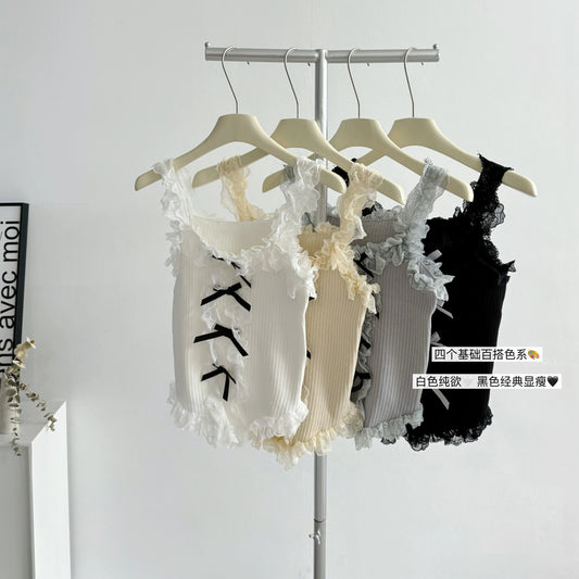 Women's Lace Patchwork White Crop Top 90s Aesthetic Fashion Bow Vest Off Shoulder Sleeveless Y2k Vintage Tank Tops 2000s Clothes - SS69