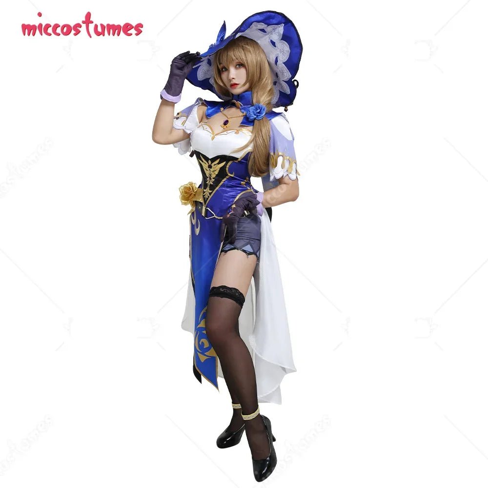 Women's Lisa Sexy Purple and White Chest Open Cheongsam Dress Full Set Cosplay Costume with Witch Hat and Stockings - SS69
