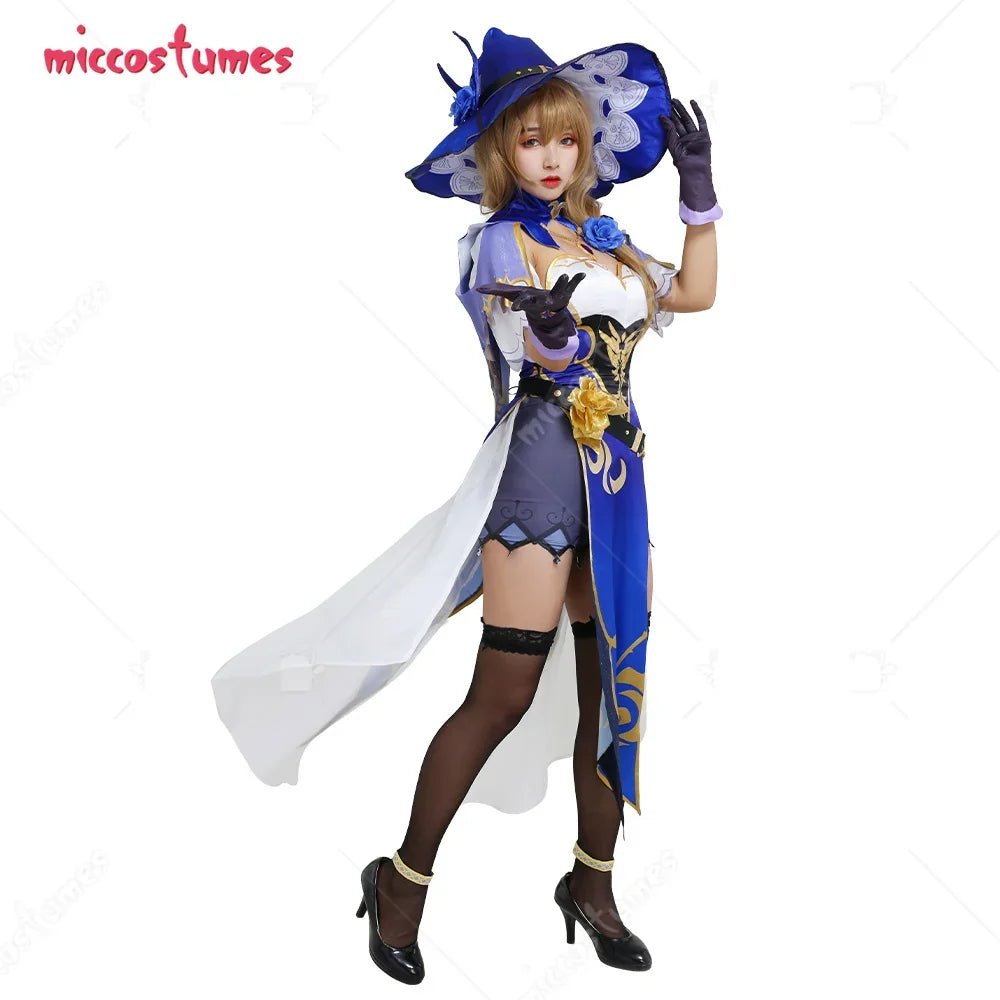 Women's Lisa Sexy Purple and White Chest Open Cheongsam Dress Full Set Cosplay Costume with Witch Hat and Stockings - SS69