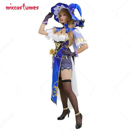 Women's Lisa Sexy Purple and White Chest Open Cheongsam Dress Full Set Cosplay Costume with Witch Hat and Stockings - SS69