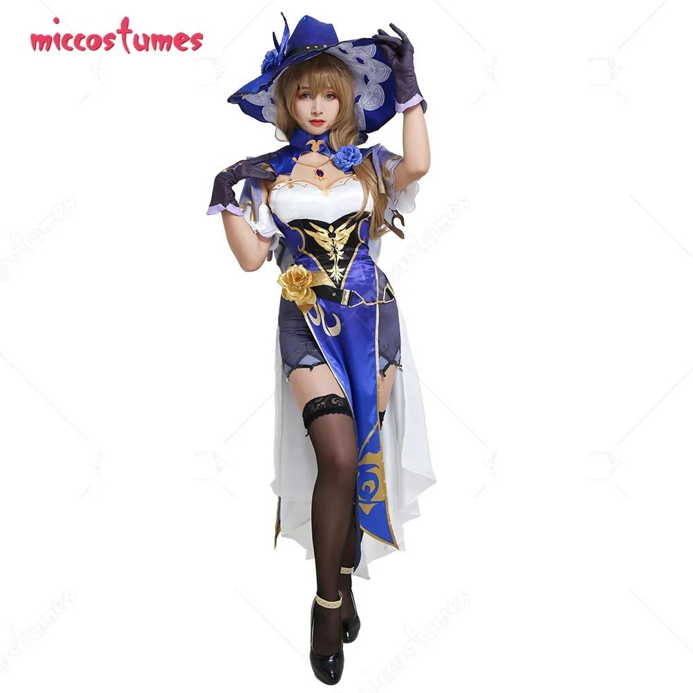 Women's Lisa Sexy Purple and White Chest Open Cheongsam Dress Full Set Cosplay Costume with Witch Hat and Stockings - SS69