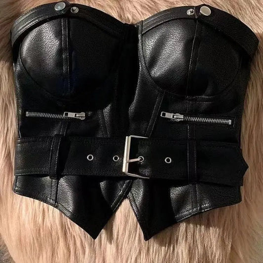 Y2k Aesthetic Off Shoulder Sexy PU Tube Slim Korean Fashion Sleeveless Cropped Tops Women Chain Zipper Patchwork Casual Tank Top - SS69