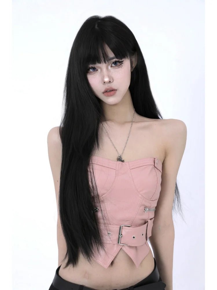 Y2k Aesthetic Off Shoulder Sexy PU Tube Slim Korean Fashion Sleeveless Cropped Tops Women Chain Zipper Patchwork Casual Tank Top - SS69