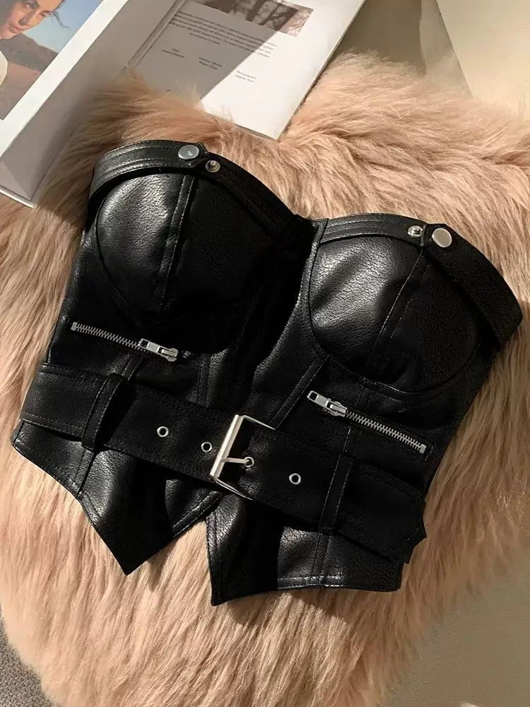 Y2k Aesthetic Off Shoulder Sexy PU Tube Slim Korean Fashion Sleeveless Cropped Tops Women Chain Zipper Patchwork Casual Tank Top - SS69