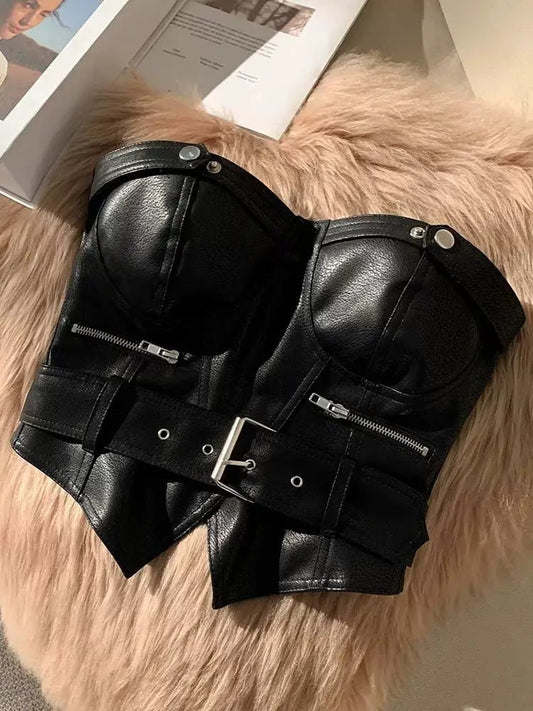 Y2k Aesthetic Off Shoulder Sexy PU Tube Slim Korean Fashion Sleeveless Cropped Tops Women Chain Zipper Patchwork Casual Tank Top - SS69