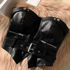 Y2k Aesthetic Off Shoulder Sexy PU Tube Slim Korean Fashion Sleeveless Cropped Tops Women Chain Zipper Patchwork Casual Tank Top - SS69