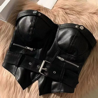 Y2k Aesthetic Off Shoulder Sexy PU Tube Slim Korean Fashion Sleeveless Cropped Tops Women Chain Zipper Patchwork Casual Tank Top - SS69